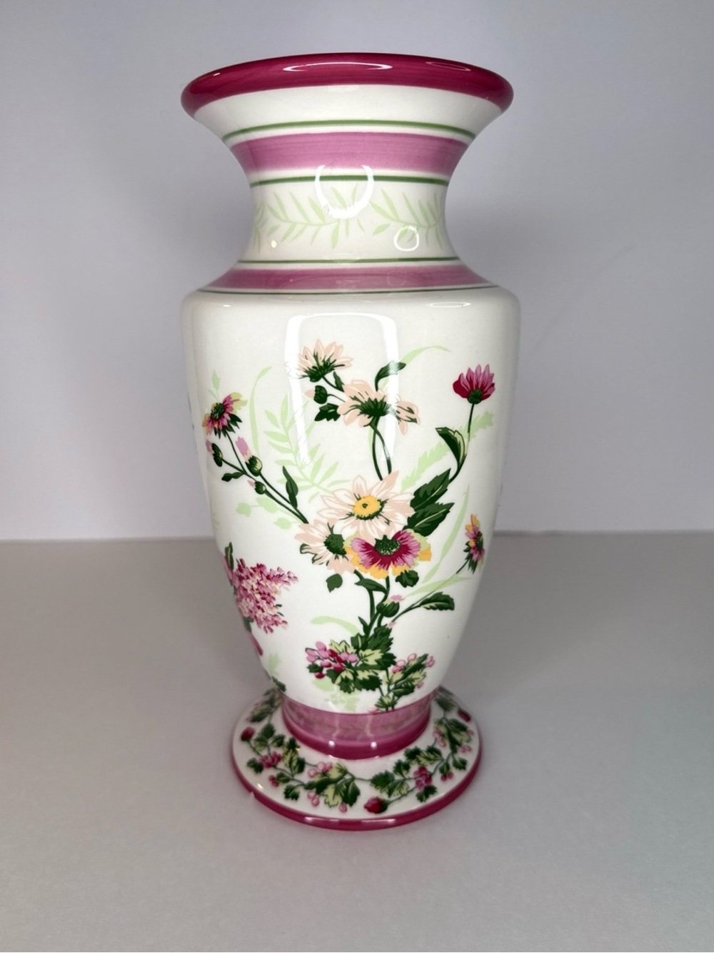 Laura Ashley Home Floral Vase Pink Green Botanical Ceramic 9.75” - Picture 4 of 8